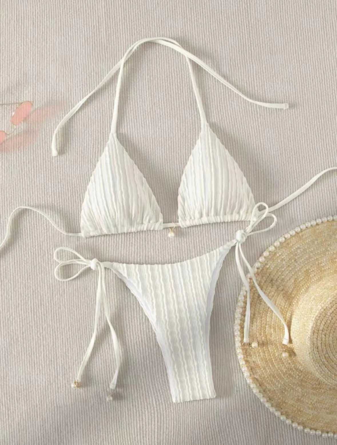sexy milky ribbed halter micro mini bikini sets two pieces tie women thong swimsuit female bathing suit swimwear biquiniXJ241223