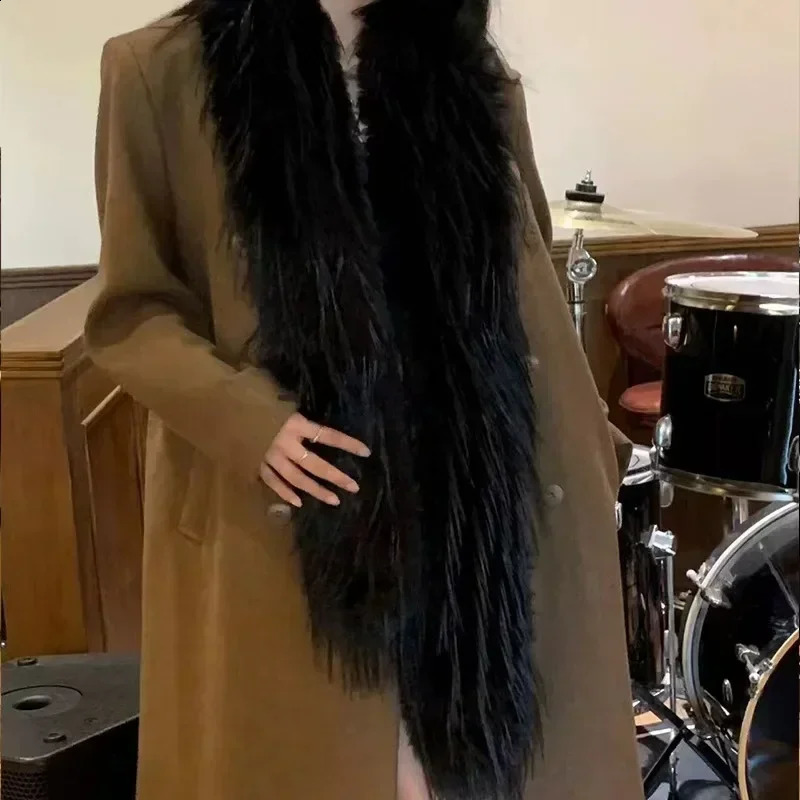 Brown Long Hair Scarf Solid Color Plush Shawl Winter Warm Thickened Tassel Shawl Fur Scarves Warp Women Year Gift 241223