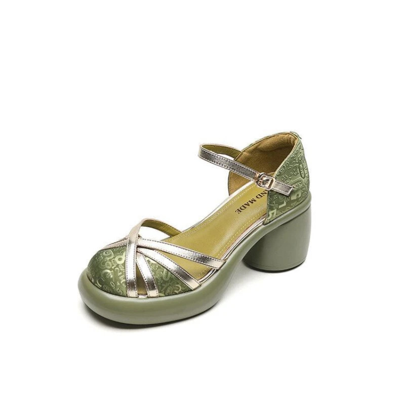 Chinese Style Thick High Heels and A of 2024 Summer Hollow Thin Strap Soft Sole Roman Waterproof Platform Sandals 241213