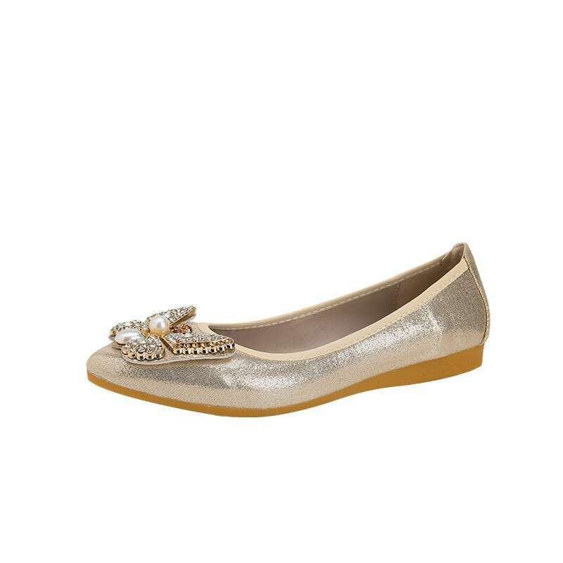 Dou Female Spring Autumn Internet Celebrity, New Pearl Work Flat Bottom Single Shoes, Large Butterfly Water Diamond Driving And Dancing Shoes