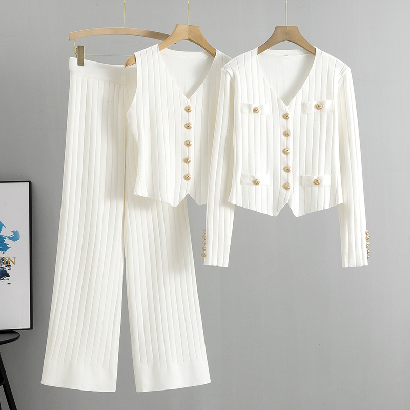 Women's Three Set Casual Sweater Sets Women 3 Piece Outfits Long Sleeve Striped Cardigan Top Wide Leg Pants