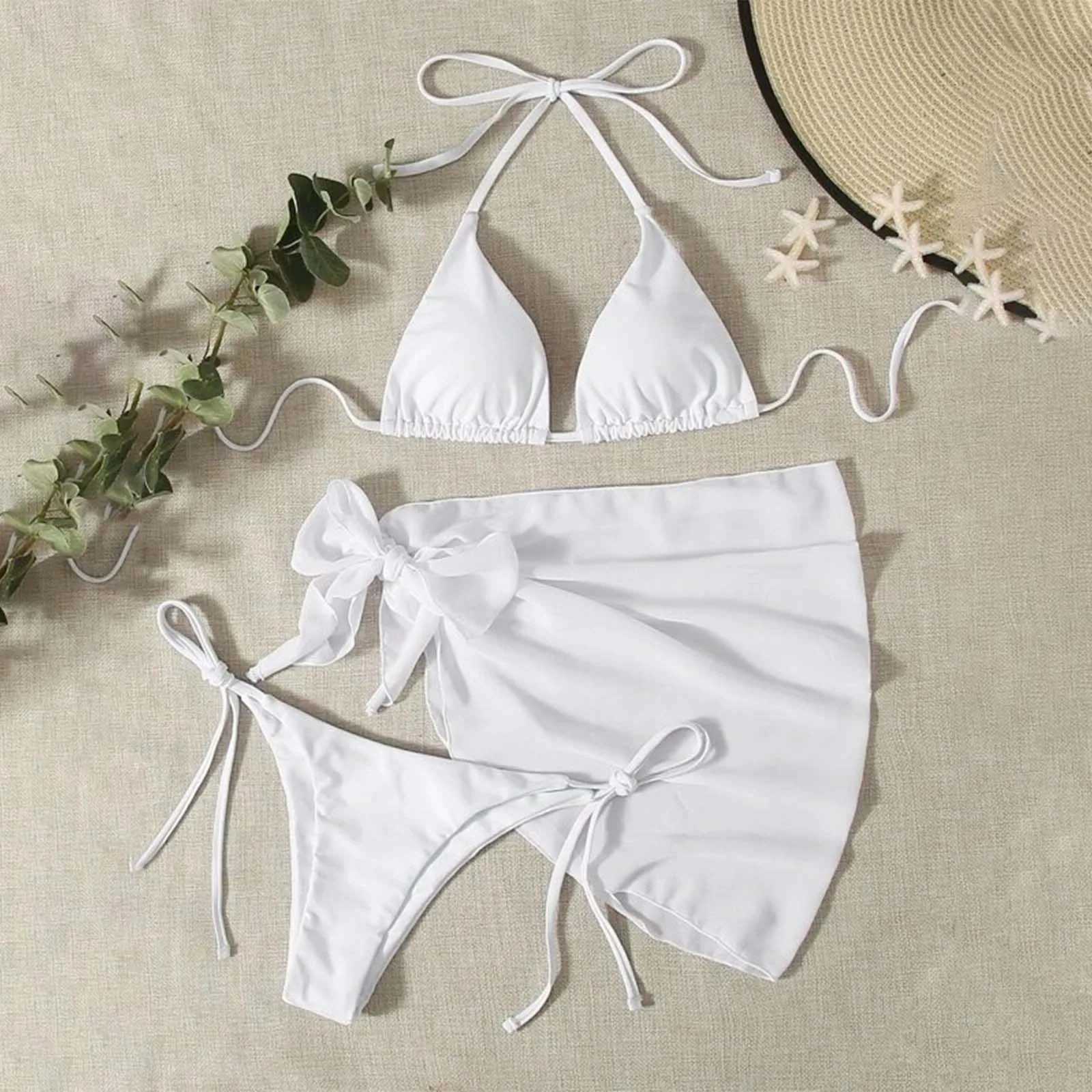 WomenS Solid Halter Backless Bikinis Set Sexy Triangle Cup Lace Up Bikini Top With Bottoms Swimsuit Cover Up 3 Piece SwimsuitXJ241223