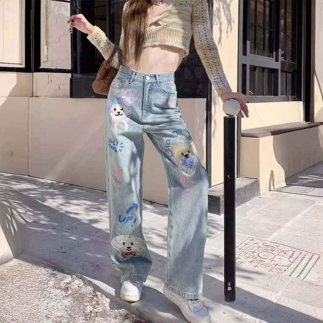 HighWaisted StraightLeg Denim Jeans Plus Size Womens LooseFit AgeReducing TieDye Printing Casual Trousers Floor Length 241218
