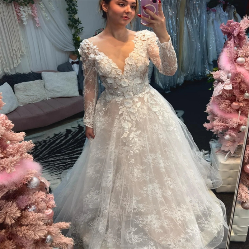 Luxury Gatsby Florals Wedding Dresses V Neck Plus Size Lace Bohemian Fairy Bridal Gowns Long Sleeve A Line Backless Country Boho Bride Dress Vestio De