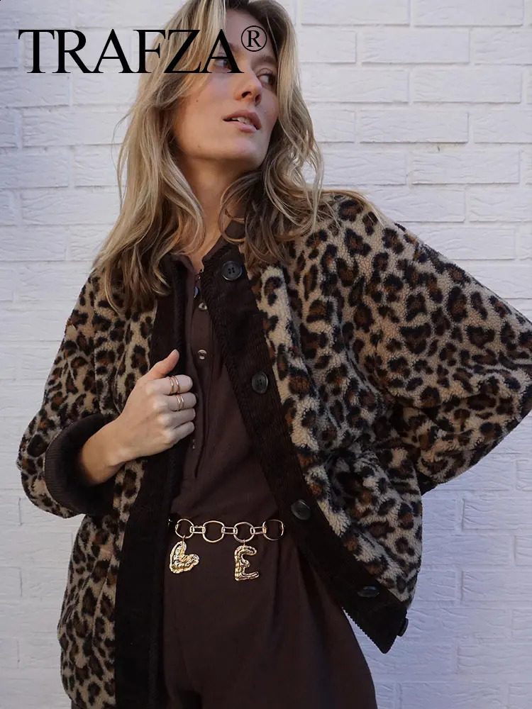 TRAFZA Y2K Leopard Jacket For Women Autumn Winter Casual Long Sleeve Single Breasted O Neck Coat Woman Fashion Streetwear Tops 241223