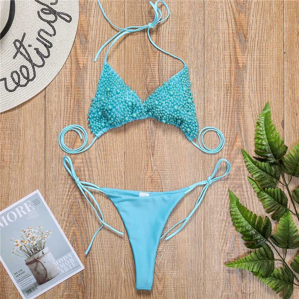 Sexy Micro Bikini Women Solid Black White Pearl Designer Swimsuit 2022 Luxury Beach Push Up Bathing Suit Thong Swimwear BiquiniXJ241223