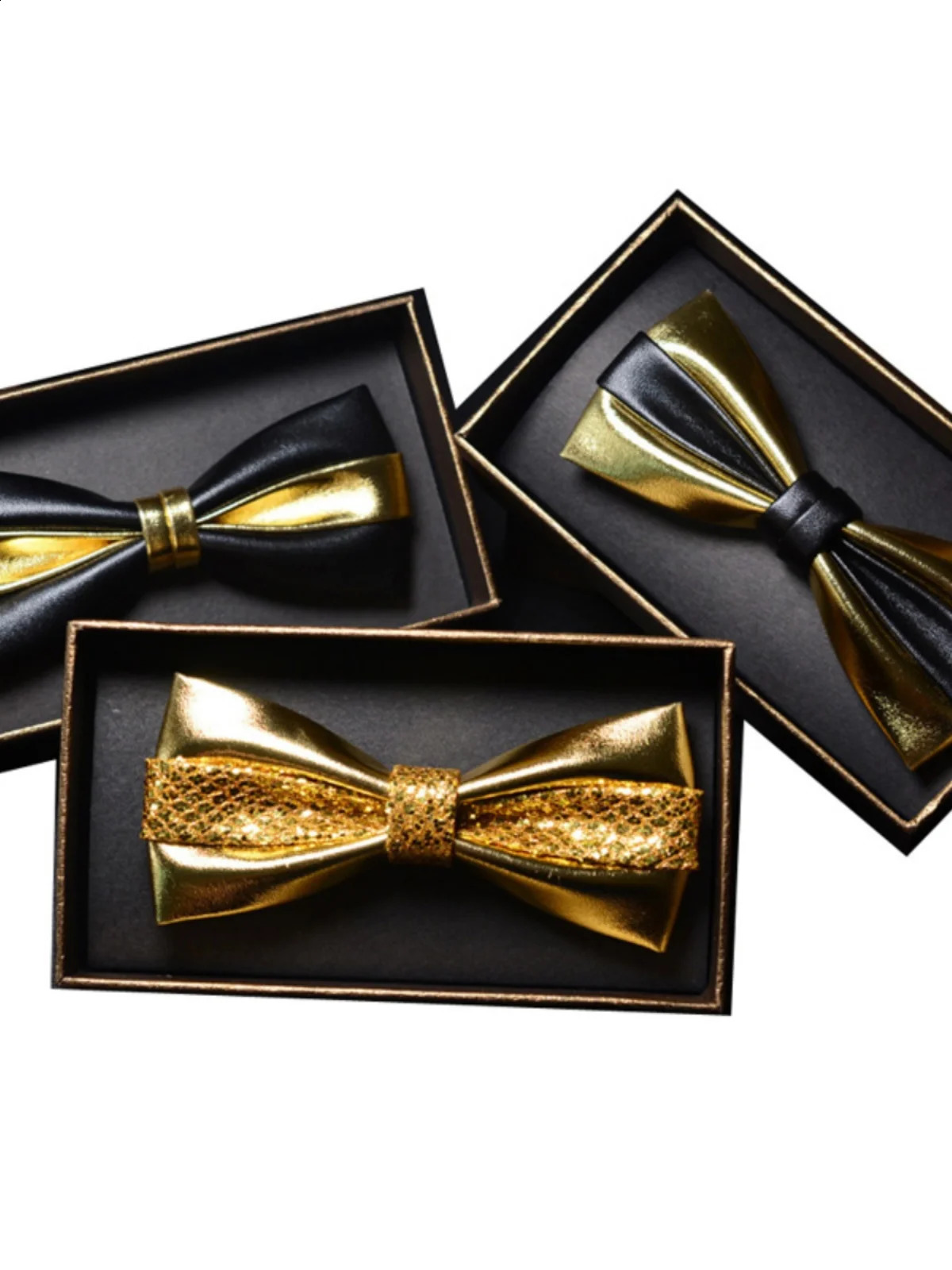 Mens bow PU formal wedding dress gold silver black groom UK Korean bow leather trend solid color 241220