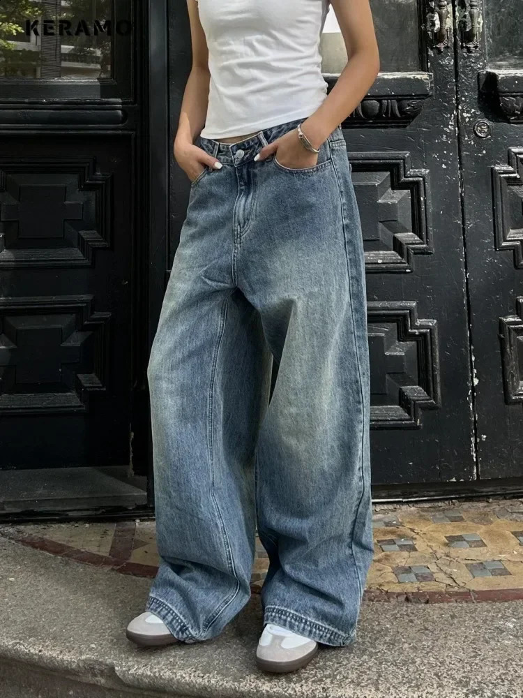 Vintage Aesthetic Emo Loose Washed Pants Summer Womens Casual Blue Harajuku Jeans Y2K Wide Leg Punk Baggy Denim Trouser 241218