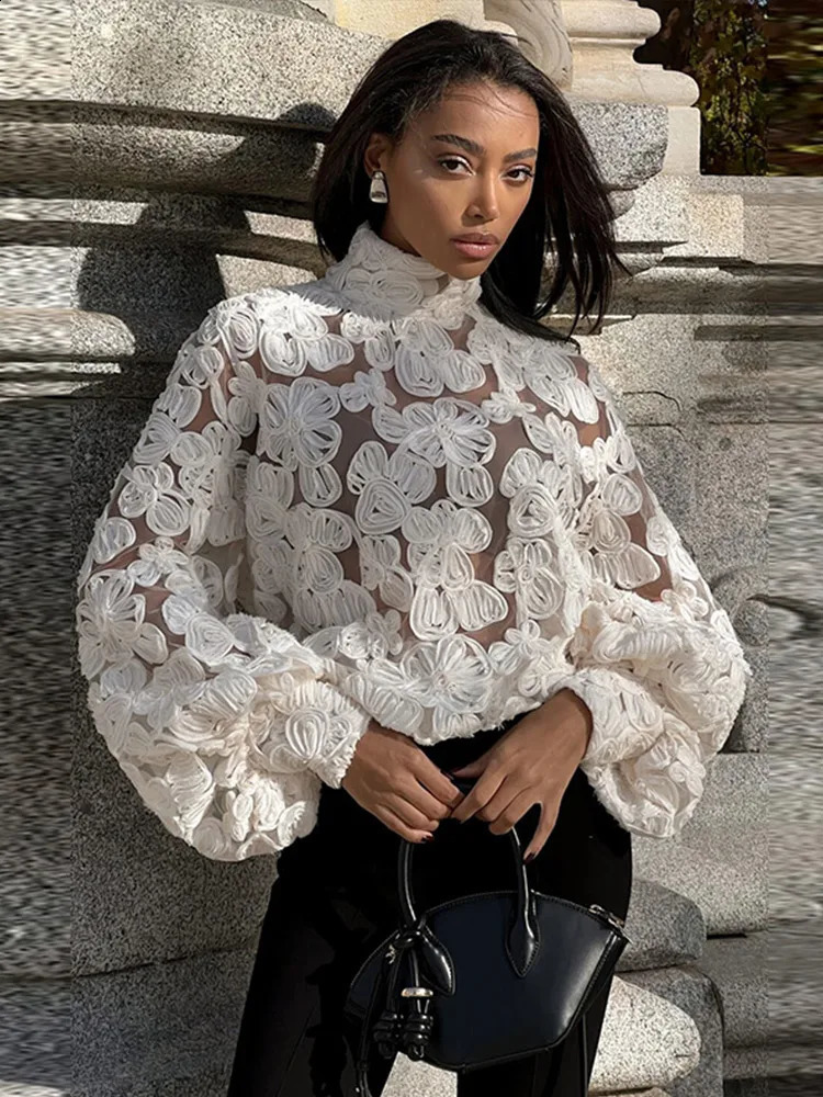 Elegant Turtleneck Hollowedout Lace Shirt Women Chic Solid Lantern Sleeved Short Tops Female Spring Fashion High Street Top 241218