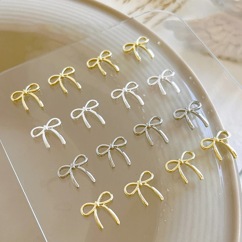 10pcs Bow Deco Nail Art Charm 3D SilverGold Bowknot Ribbon Nail Decor Parts DIY Manicure Accessories 241223
