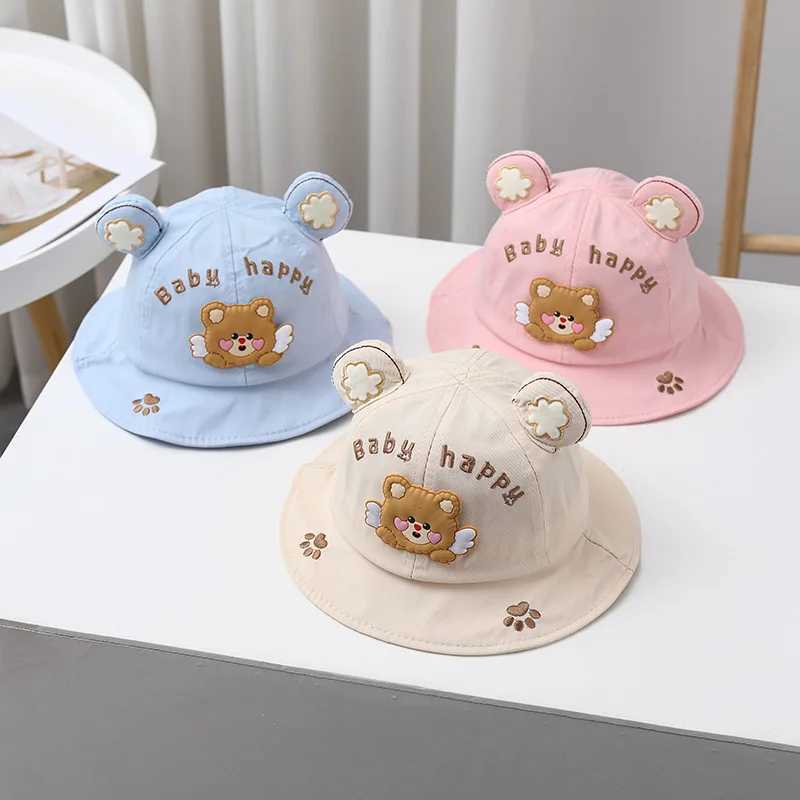 Caps Hats Cute Bear Ear Baby Bucket Hat Cartoon Solid Color Boys and Girls Fishermans Hat Spring and Summer Soft Cotton Childrens Panama Sun Hat H2412