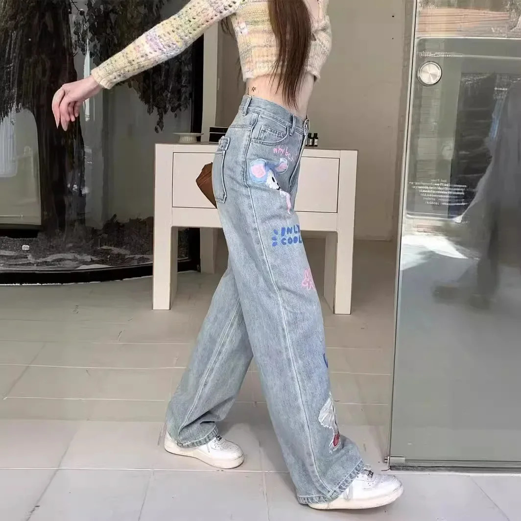 HighWaisted StraightLeg Denim Jeans Plus Size Womens LooseFit AgeReducing TieDye Printing Casual Trousers Floor Length 241218