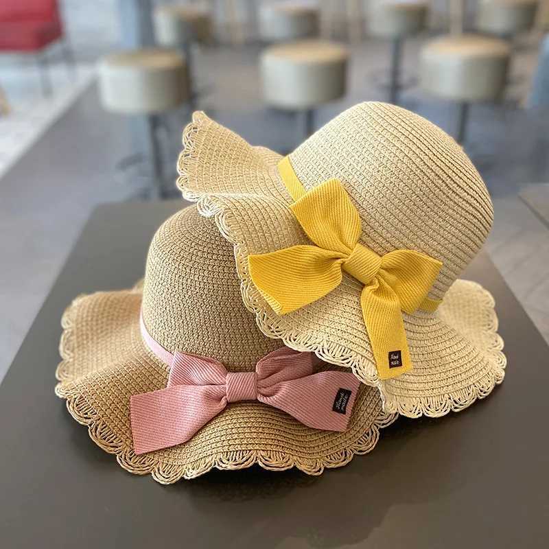 Caps Hats Summer Girl Beach Sun Hat Lotus Leaf Brim Cute Squeezing Eyes Bow Outdoor Sun Protection Children Straw Hat Children H241223