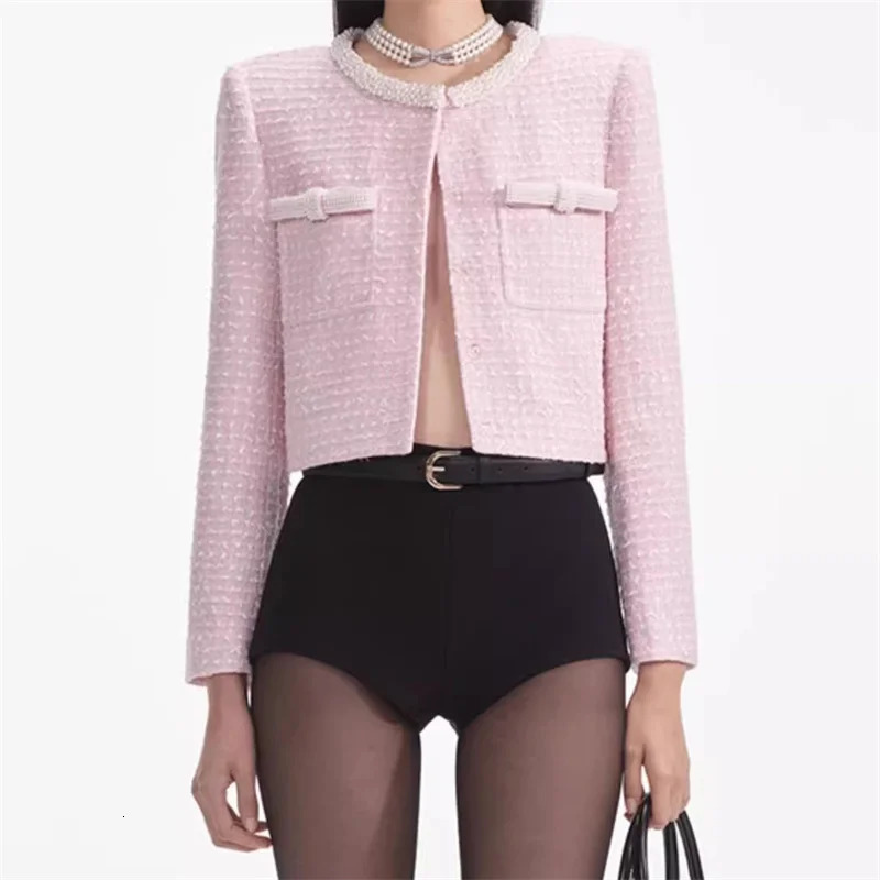 Womens jacket 2025 Spring outerwears Fashion Round Neck Beaded Womens Long Sleeve Top High quality slim fit Womens coat 241220