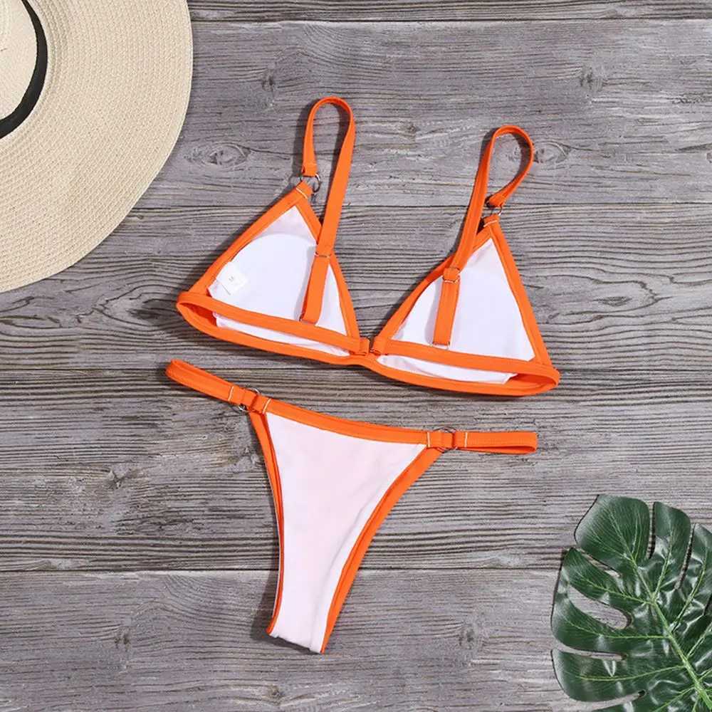 Beach Low Waist Sexy Solid Color Sling Backless Two Piece Split Swimwear Swimsuit Bikini SetXJ241223