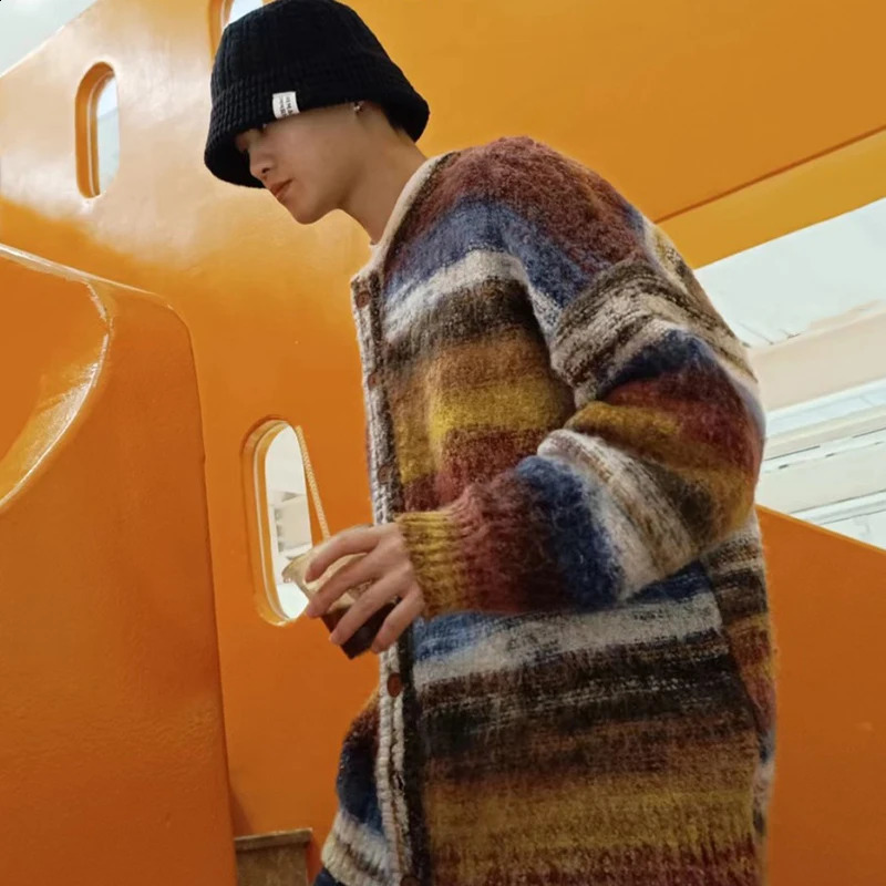 FEWQ American Contrasting Cardigan Sweater Knitted Mens Loose High Street Jacket Trendy Contrast Color Male Tops 24E1955 241223