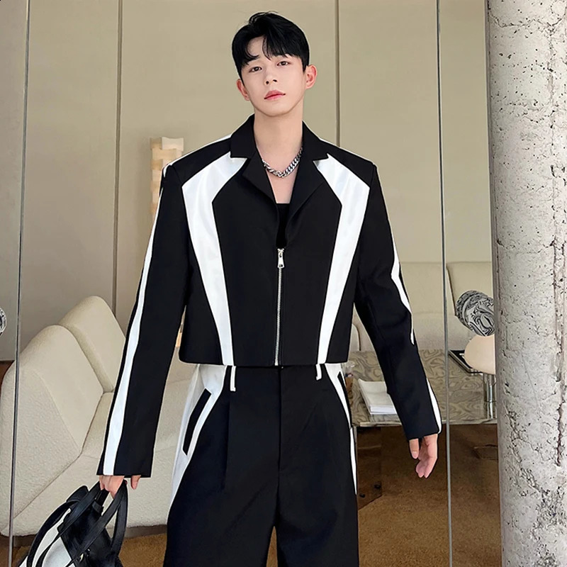 LUZHEN Korean Sets Niche Male Blazers Pu Leather Spliced Suit Coat Wide Leg Suit Pants Two Piece Mens Wear E92e01 241223