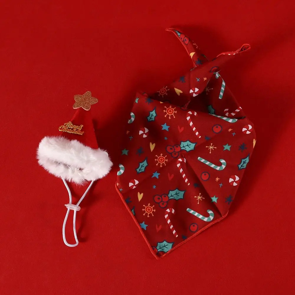 2Pcs Cute Kitten Dress Up Accessories Christmas Tree Bat Triangle Scarf Christmas Bib Hat Set Santa Claus Felt Dog Headwear 241212