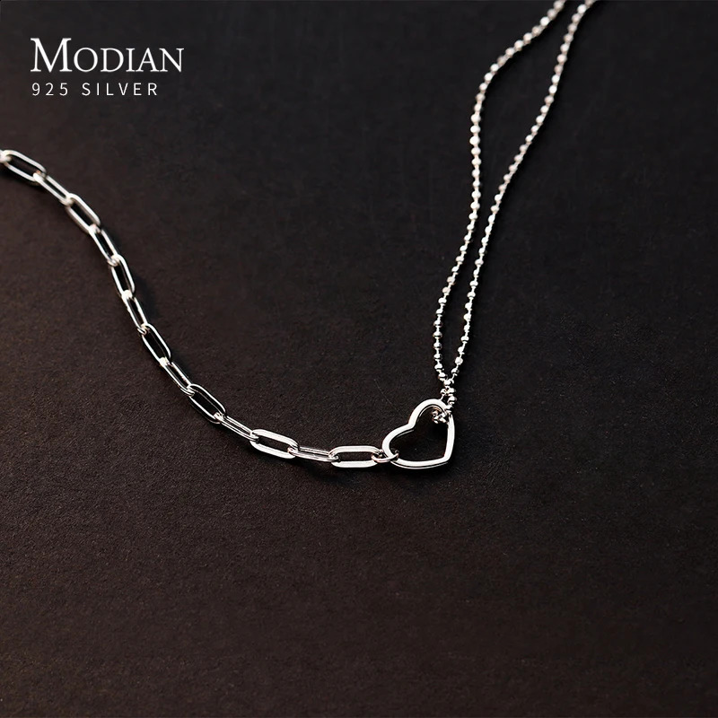 MODIAN Genuine 925 Sterling Silver Exqusite Asymmetric Hearts Fashion Pendant Silver Chain Necklace For Women Fine Jewelry Gift 241220