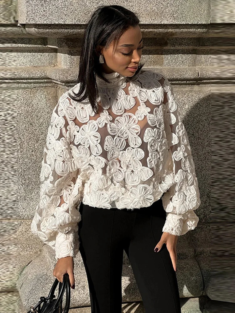 Elegant Turtleneck Hollowedout Lace Shirt Women Chic Solid Lantern Sleeved Short Tops Female Spring Fashion High Street Top 241218