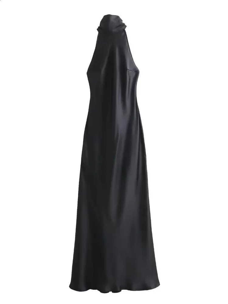 Elegant Brown Satin Halter Lace Up Long Dress Sexy Off Shoulder Backless Sleeveless Bodycon Dresses Autumn Lady Party Robe 241223