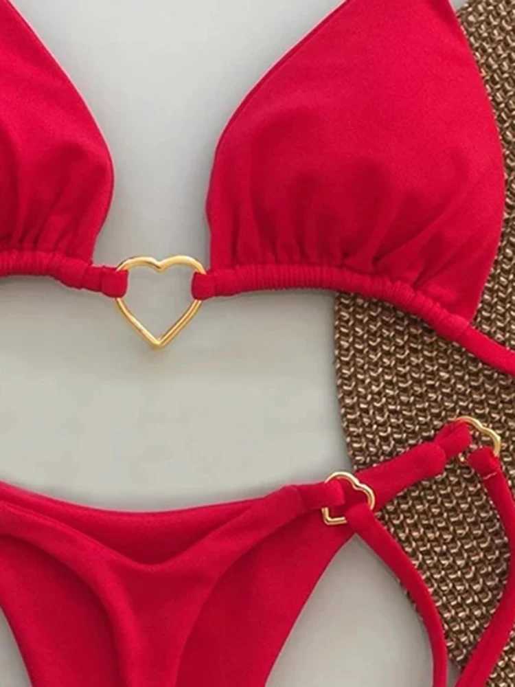 OIINAA Bathing Suit Women Sexy Solid Swimsuit Heart Metal Ring Bikini Set Drawstring Two-piece Beach Wear Lace Up Split BiquinisXJ241223