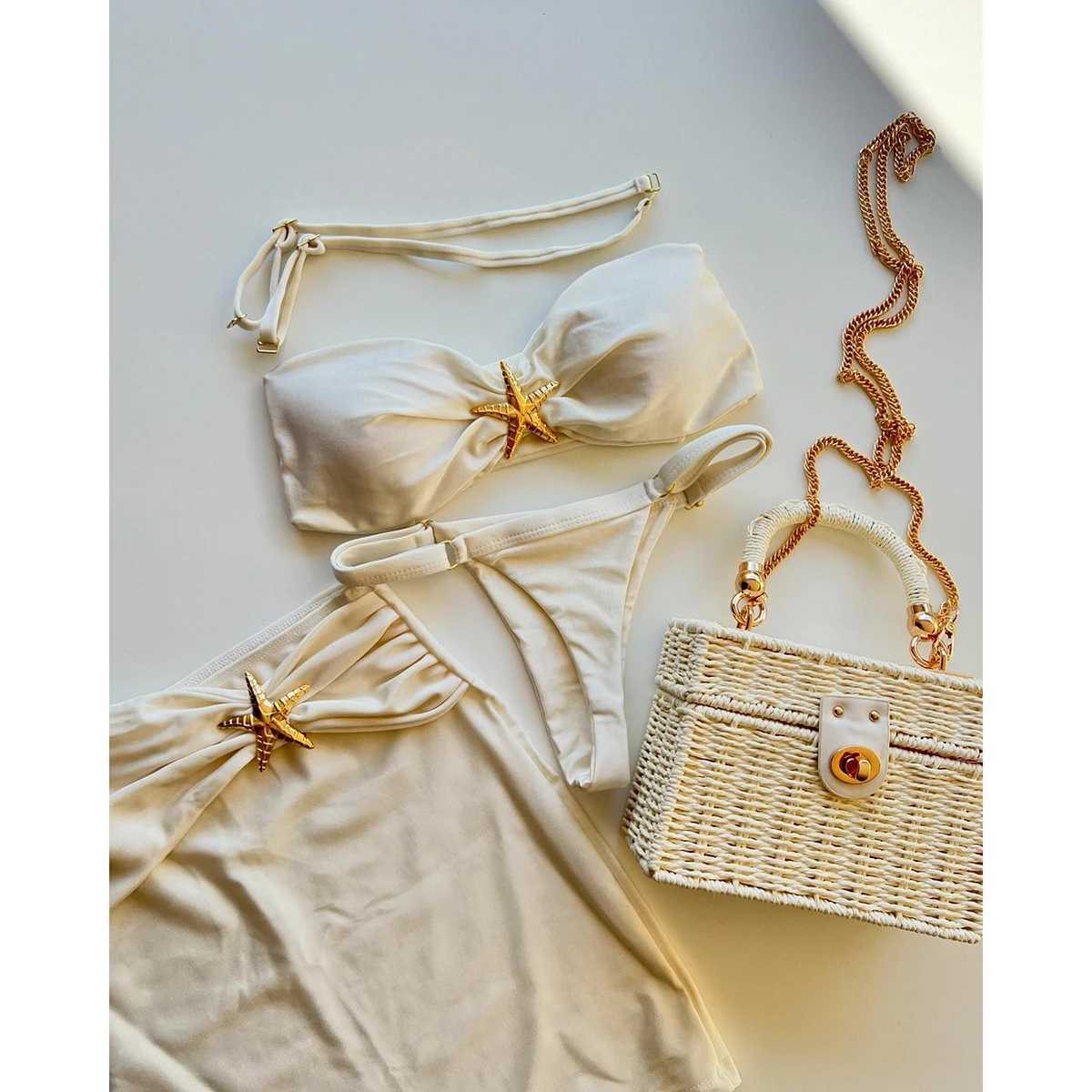 3 Pieces Bikini Set Bandeau Bikini 2024 Sexy Women Swimsuit Shiny Skirt Female Swimwear StarfishBathing Suit Beachwear Cover UpsXJ241223