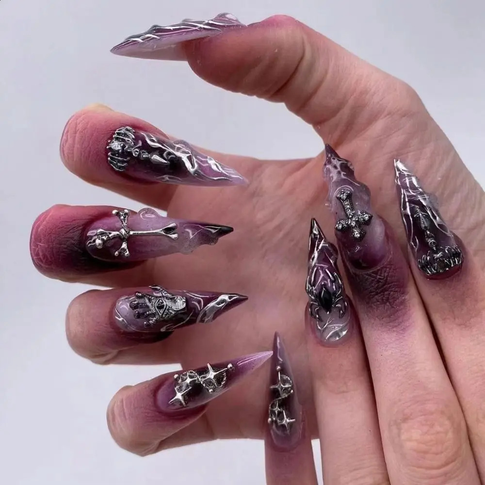 24pcs Manicure Long Almond False Nails Stiletto Ballerina Fake Nials Detachable Cute Cherry Press on Nails DIY 241223