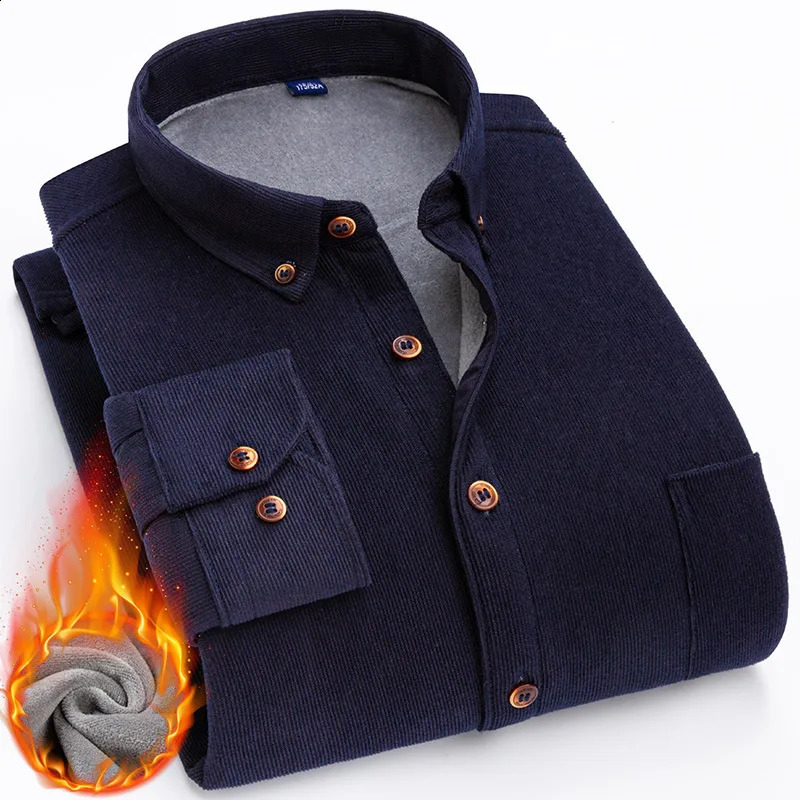 autumn and winter fleece thickened mens shirt long sleeve warm corduroy with pocket leisure free ironing slim high quality 241223