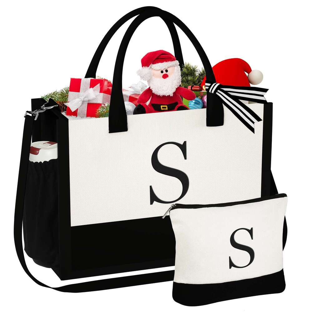 3pcs/2pcs - Initial Canvas Tote & Makeup Bag With Adjustable Strap, Birthday Women Gifts For Wife Girlfriend Friends Female Sister Teacher, Christmas 