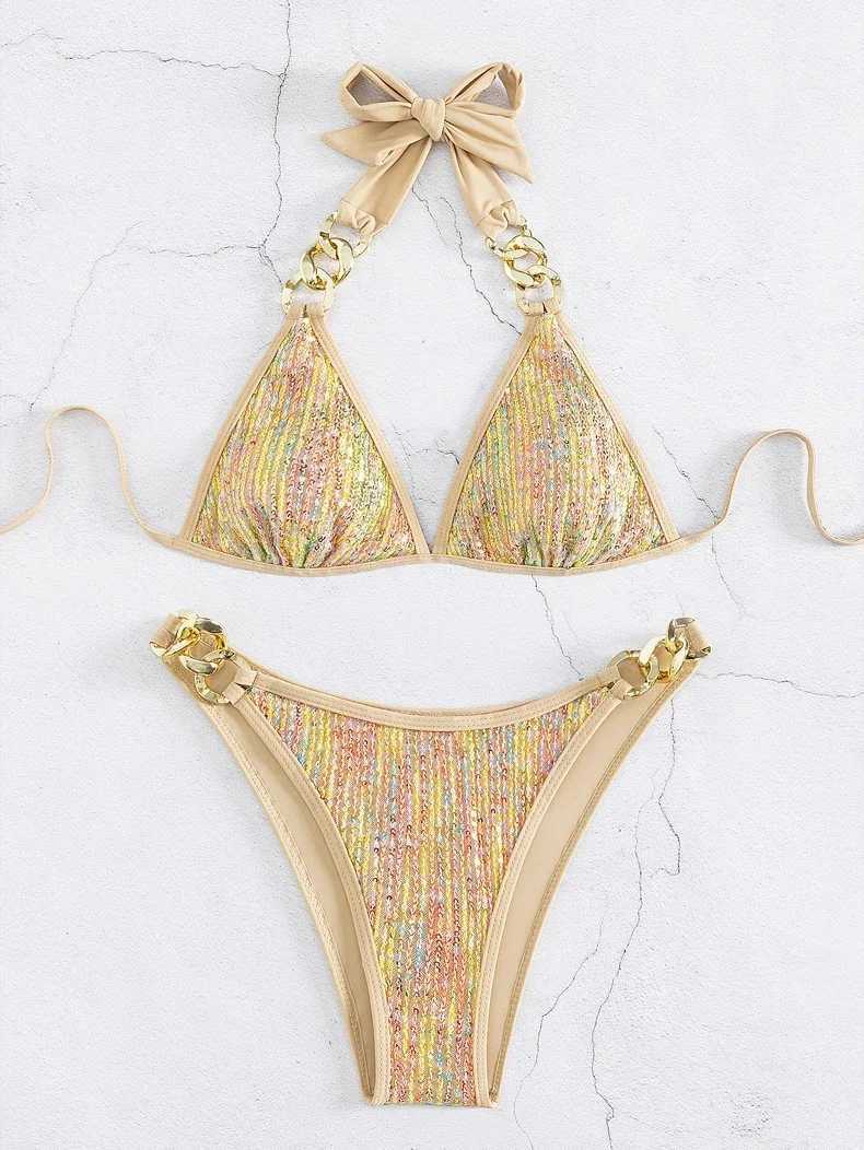 Shiny Sequin Gold Bikini Set 2025 Women Metal Strap Push Up Micro Swimsuit Luxury Cut Out Bathing Suit Chain Thong SwimwearXJ241223