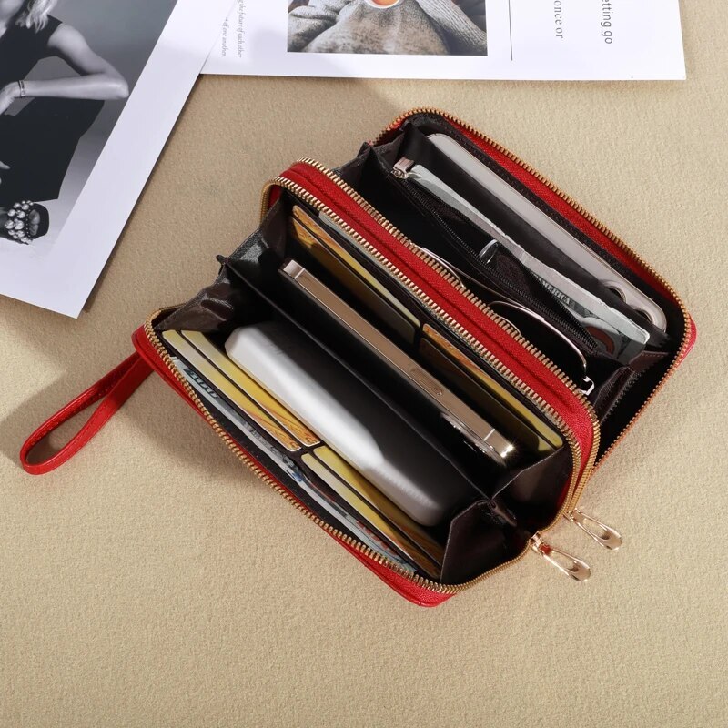 New Wallet Women's European And American Toucreen Card Double Layer Zipper Handle Plaid Embroidered Mobile Phone Bag