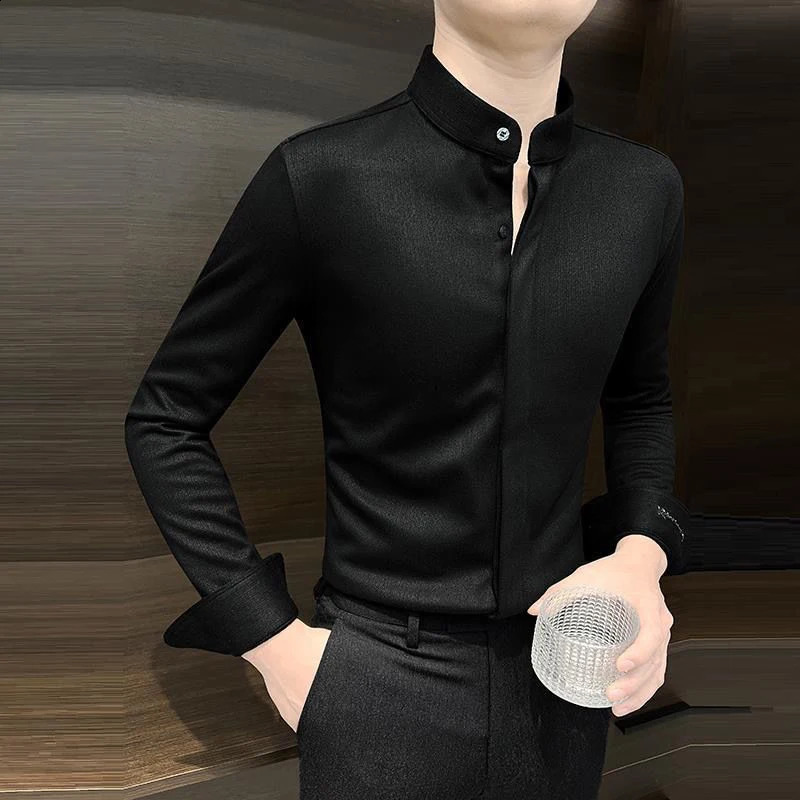 Spring Autumn Stand Collar Casual Fashion Woolen Shirt Male Long Sleeve Solid Color Buttons Business Bottomed Blouse Top Men 241223