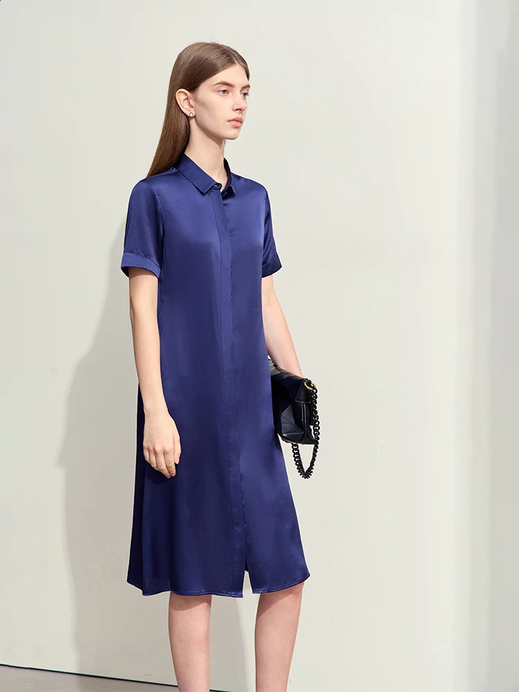 Amii Minimalism Summer Lapel Dress For Women Shortsleeve Mulberry Silk With Belt Office Lady Shirt Dresses 12452107 241218