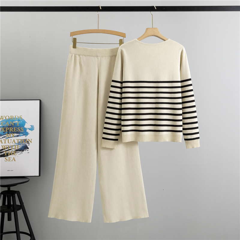 Knitted Suit Striped Tops Wide Leg Knit Pantst Waist Loose 2-Piece Set New In Autumn Winter Casual Clothes For Women