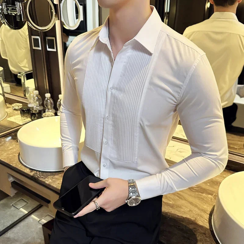 Groom Wedding Party Dress Shirt Mens Fashion Pleated Slim Fit Shirt Men Formal Long Sleeved Social Business Tailcoat 241223