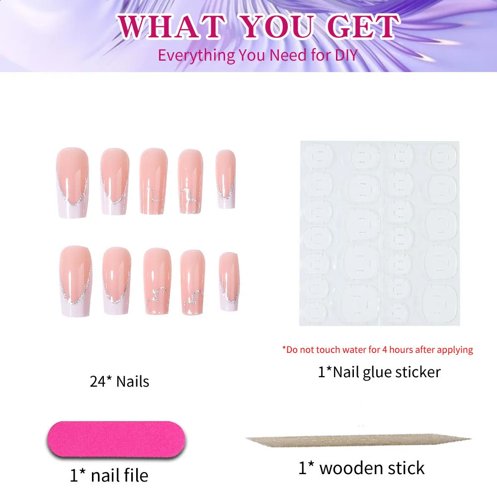 24pcs French long false nail square glitter love U-shaped press on nails detachable reusable suitable for women 241223