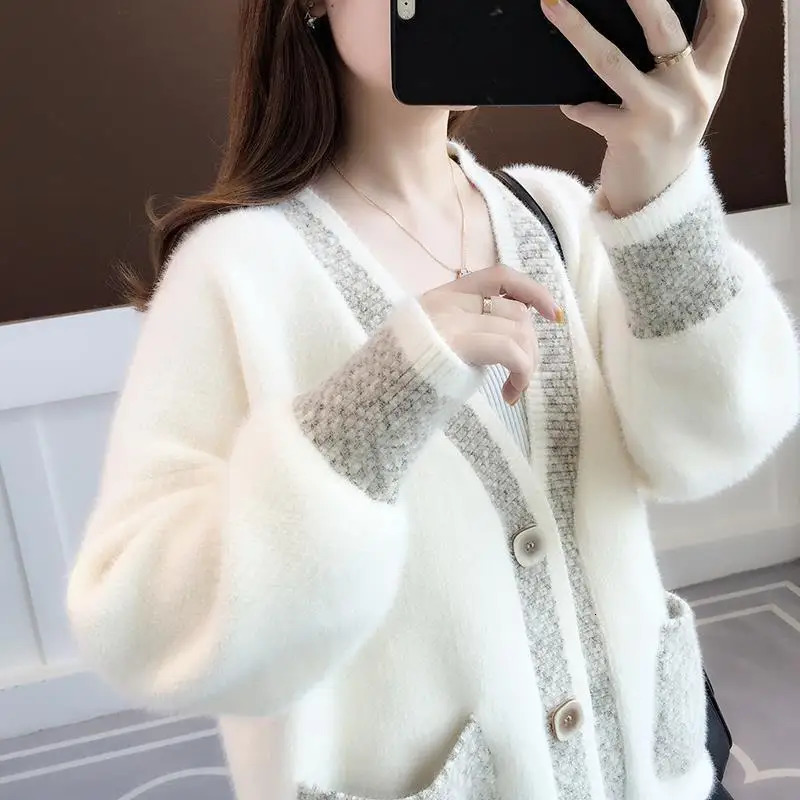 Mink Fleece Sweater Cardigan Womens 2024 Spring and Autumn Thickened Loose Mid Length Knitted Coat Winter Clothe 241220