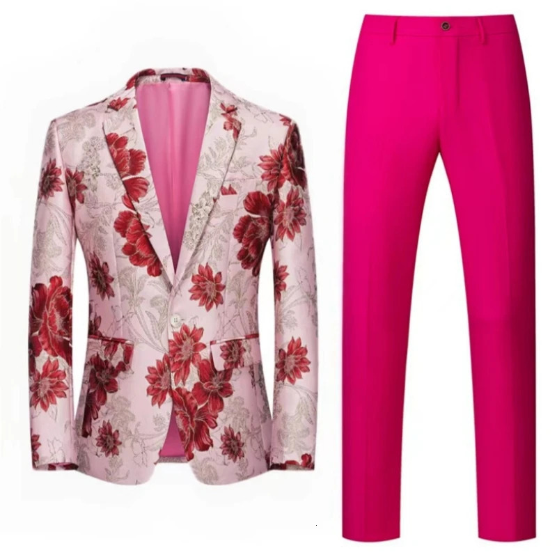 Men Suit 2 Pieces Orange Flower Pattern One Button Business Casual For Wedding Birthday Party Set Jacket And Pants 241220