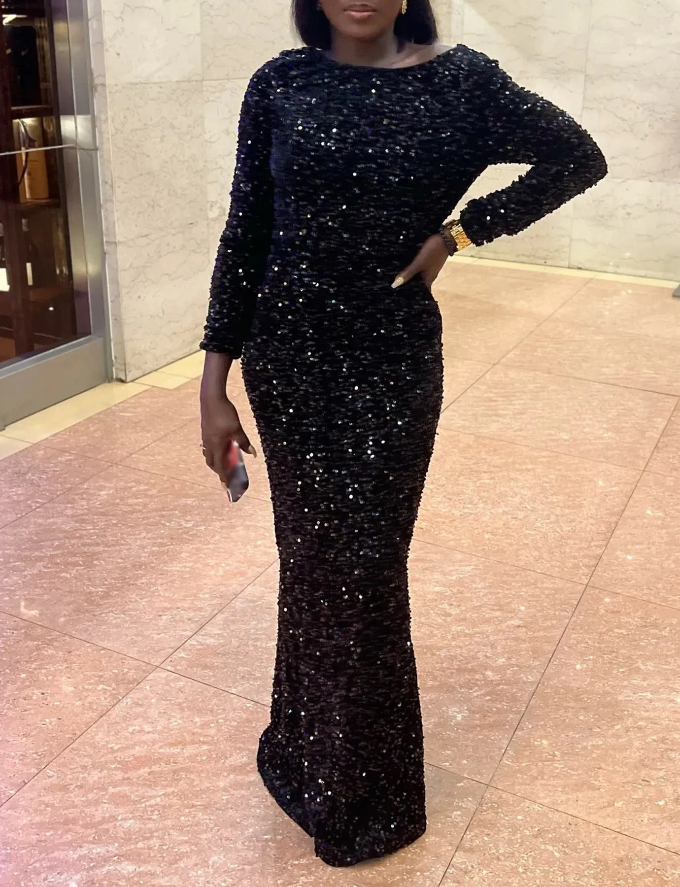 Romagic Elegant Women Modest Stretch Sequin Royal Blue Wedding Prom Gown Long Sleeves Mermaid Formal Evening Party Dress 241217