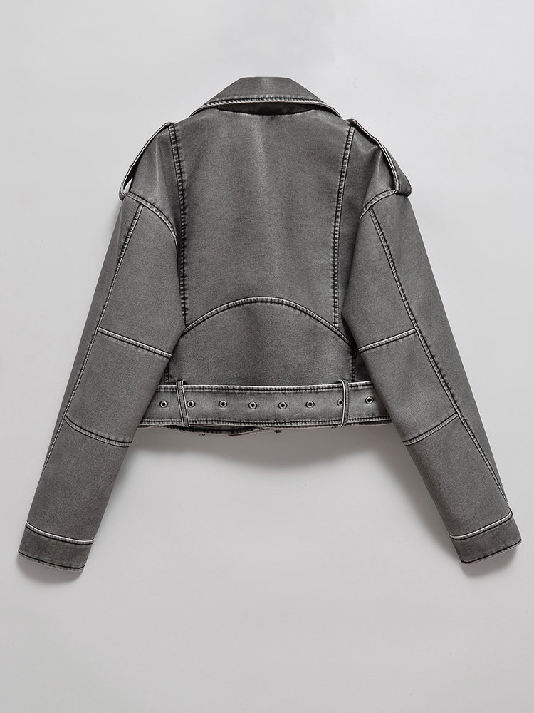 Aigo Women Vintage Loose Washed Faux Leather Short Jacket Streetwear Female Zipper Belt Moto Biker Retro Coat Outwear Tops