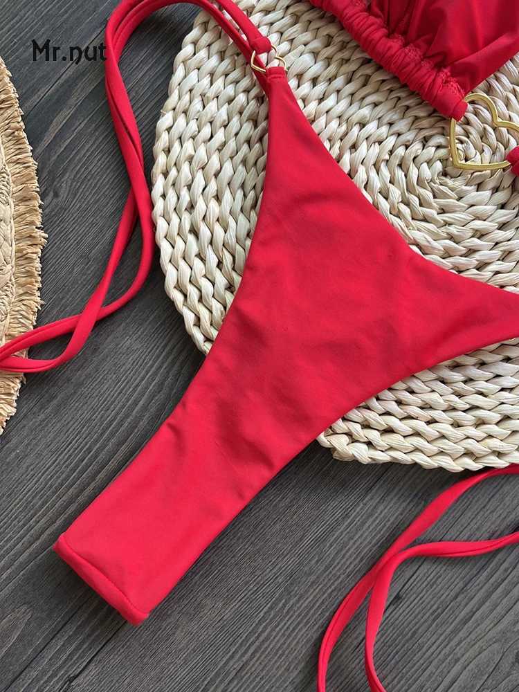 Mr. Nut 2025 Explosive Nylon Red Love Bikini Set with Low Waist Strap European and American Fashion BiquiniXJ241223