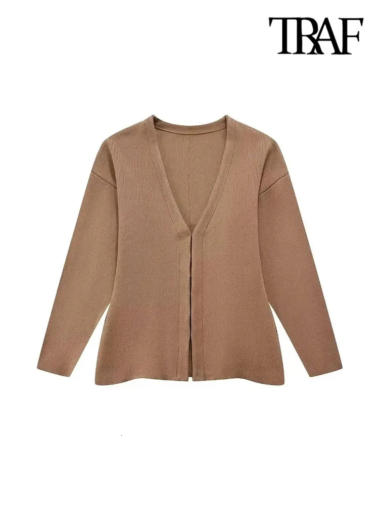 TRAFWomens Front Hook Fitted Knit Cardigan Sweater V Neck Long Sleeves Side Split Hem Female Outerwear Chic Tops Fashion 241220