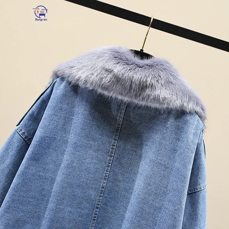 Winter loose denim jacket warm denim jacket womens oversized fur collar with velvet padding jacket cotton thick warm jacket 241219