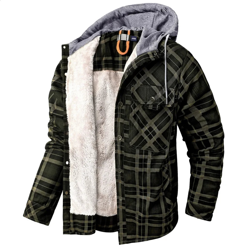 Winter Large Size Mens Shirt Jacket Cotton Coat Men Long-sleeved Plush Thickened Keep Warm Hooded Plaid Shirts US Size 2XL 241223