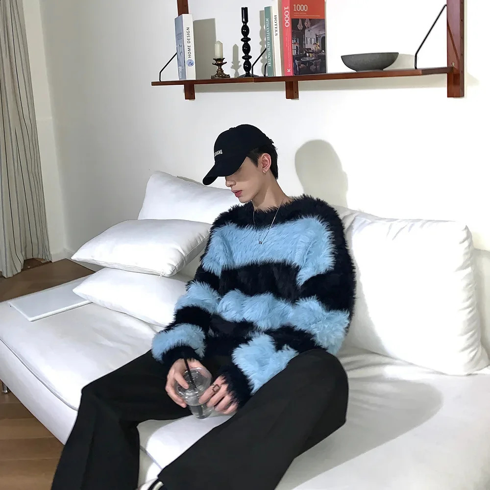 American Retro Color Block Striped Fluffy Knit Sweater Loose Overhead Round Neck Pullover For Men And Women Casual Couples Clot 241223