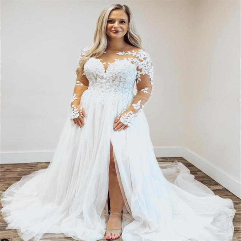 Elegant Plus Size Lace Wedding Dress With Slit Long Sleeve Appliques Country Beach Bridal Dresses Romantic Bohemian Bride Dress A Line Tulle Vestio De