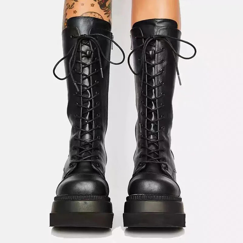 Winter Women Boots Mid-calf Wedge High Heel Platform Lace Up Zip Ladies Pumps Female Punk Gothic Motorcycle Black Round Toe Shoe 241213