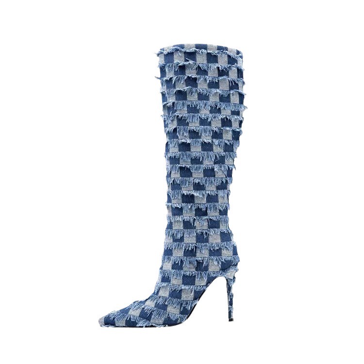 Design Brand Women Knee Denim Stiletto Thin High Heels Sexy Party Dress Woman New Autumn Boots Long Pointed Toe Shoes 1815