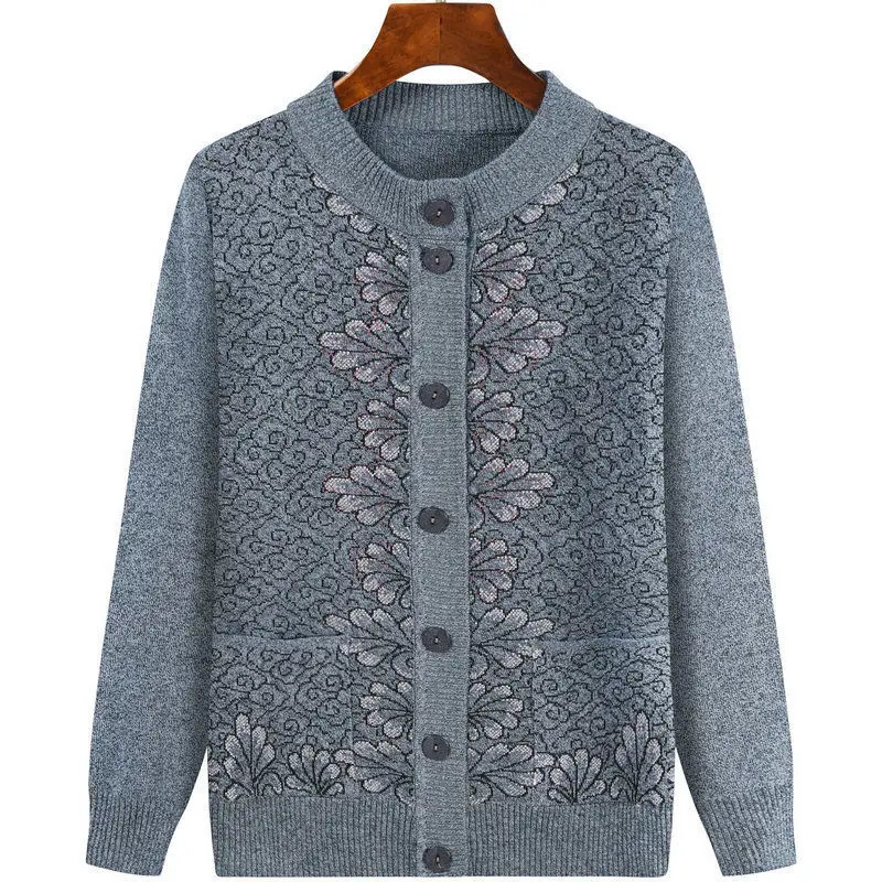 Middleaged Grandma Autumn knitting cardigan jacket Fashion Loose Longsleeve Pocket Sweater Coat Singlebreasted Warm Outwear 241220